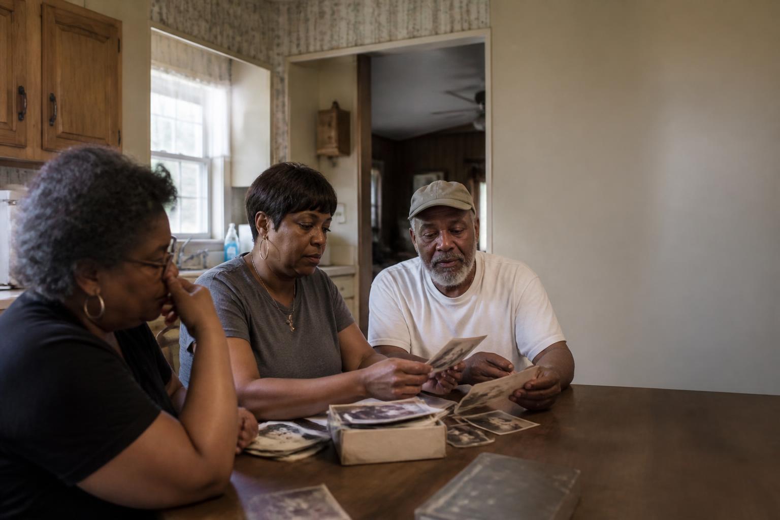 Family members reviewing photographs in an inherited home