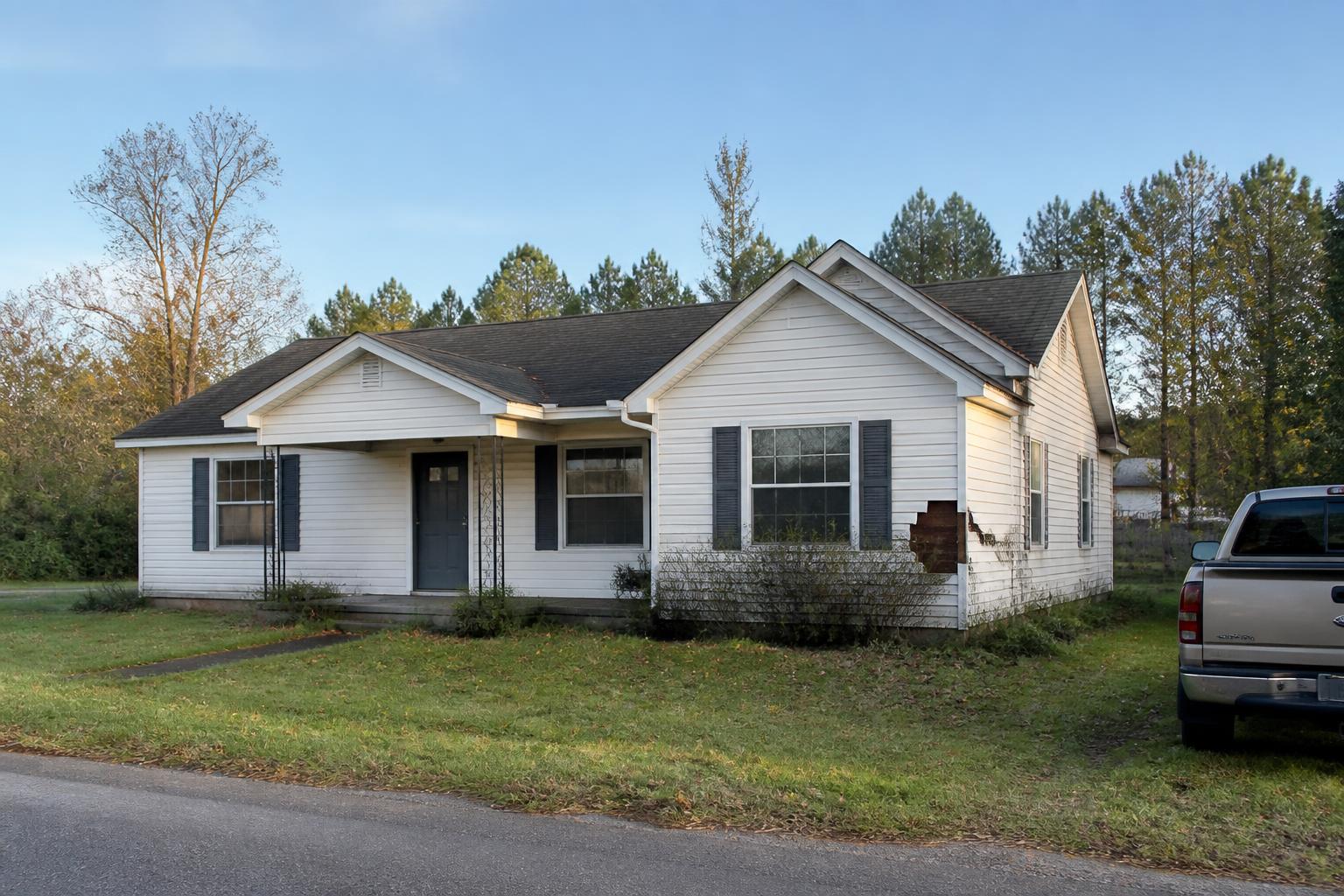 A vacant house with visible deferred exterior repairs
