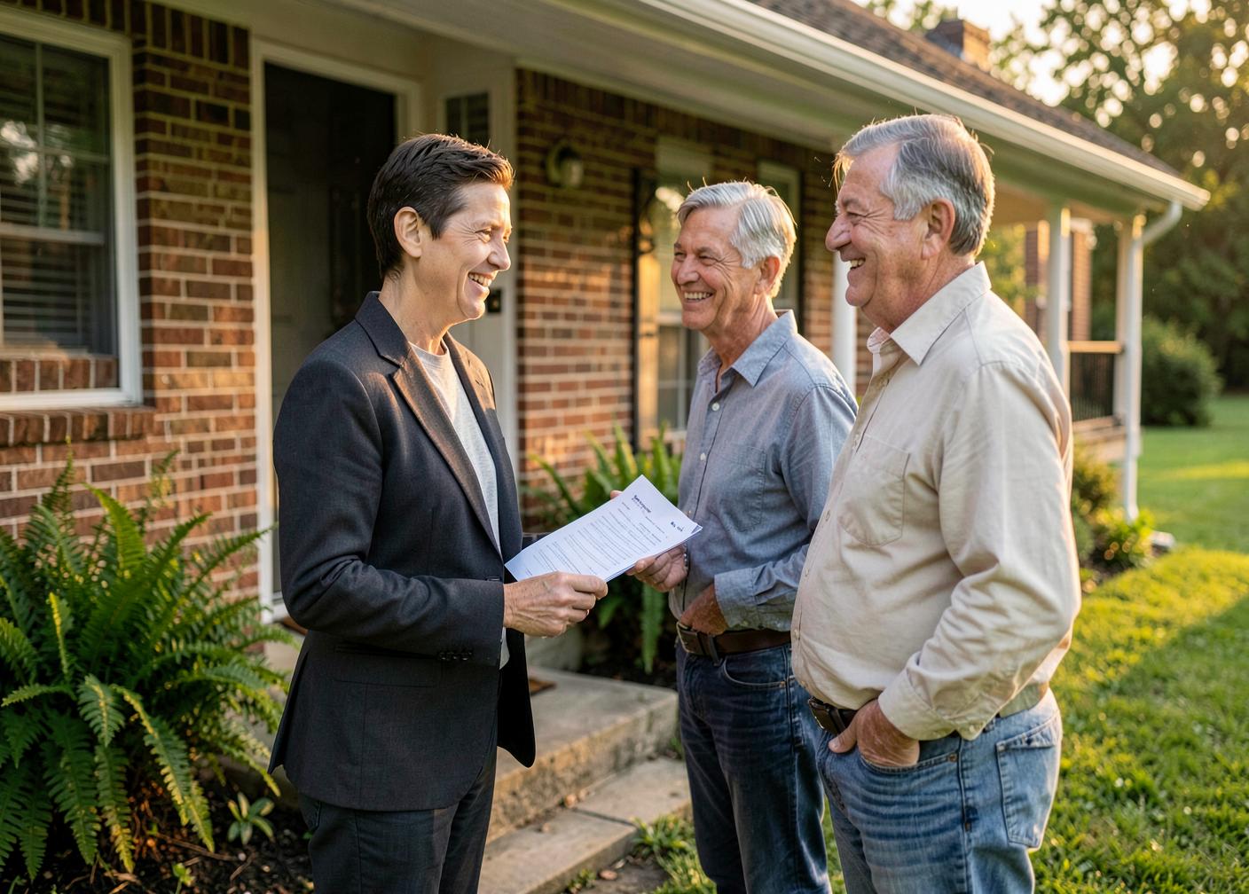 A local real estate agent reviewing paperwork with homeowners on their front porch