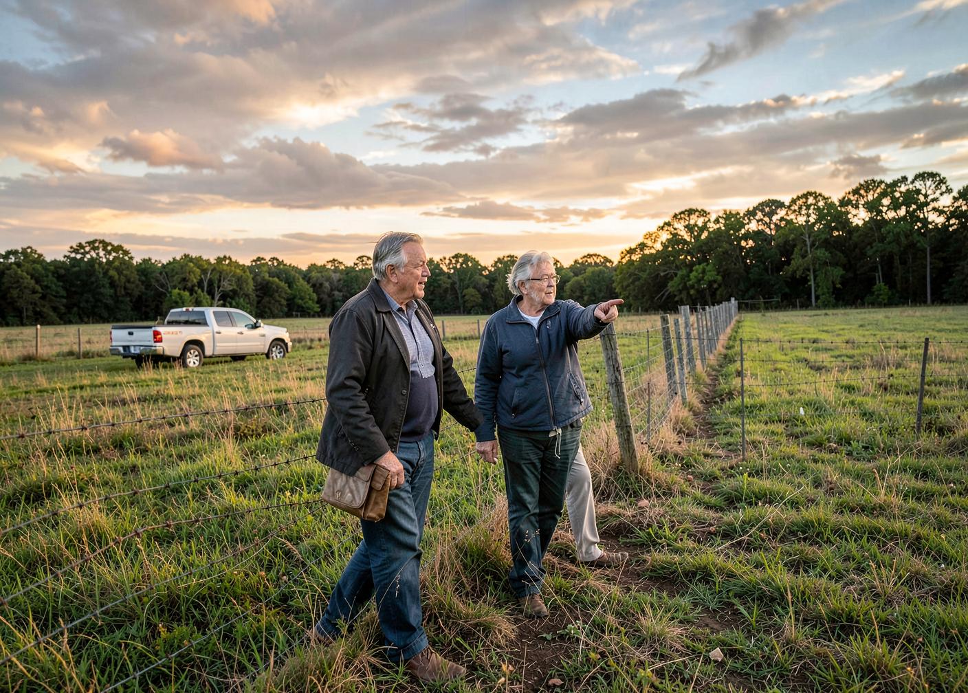 A local agent walking a fence line with a landowner at sunset
