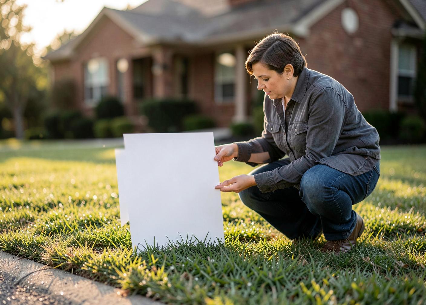 A local agent placing a for-sale sign in a front yard at sunrise