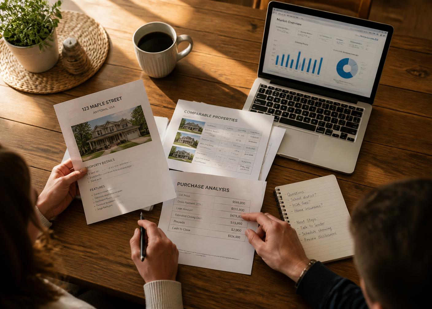 Comparable sales paperwork and a laptop spread across a kitchen table