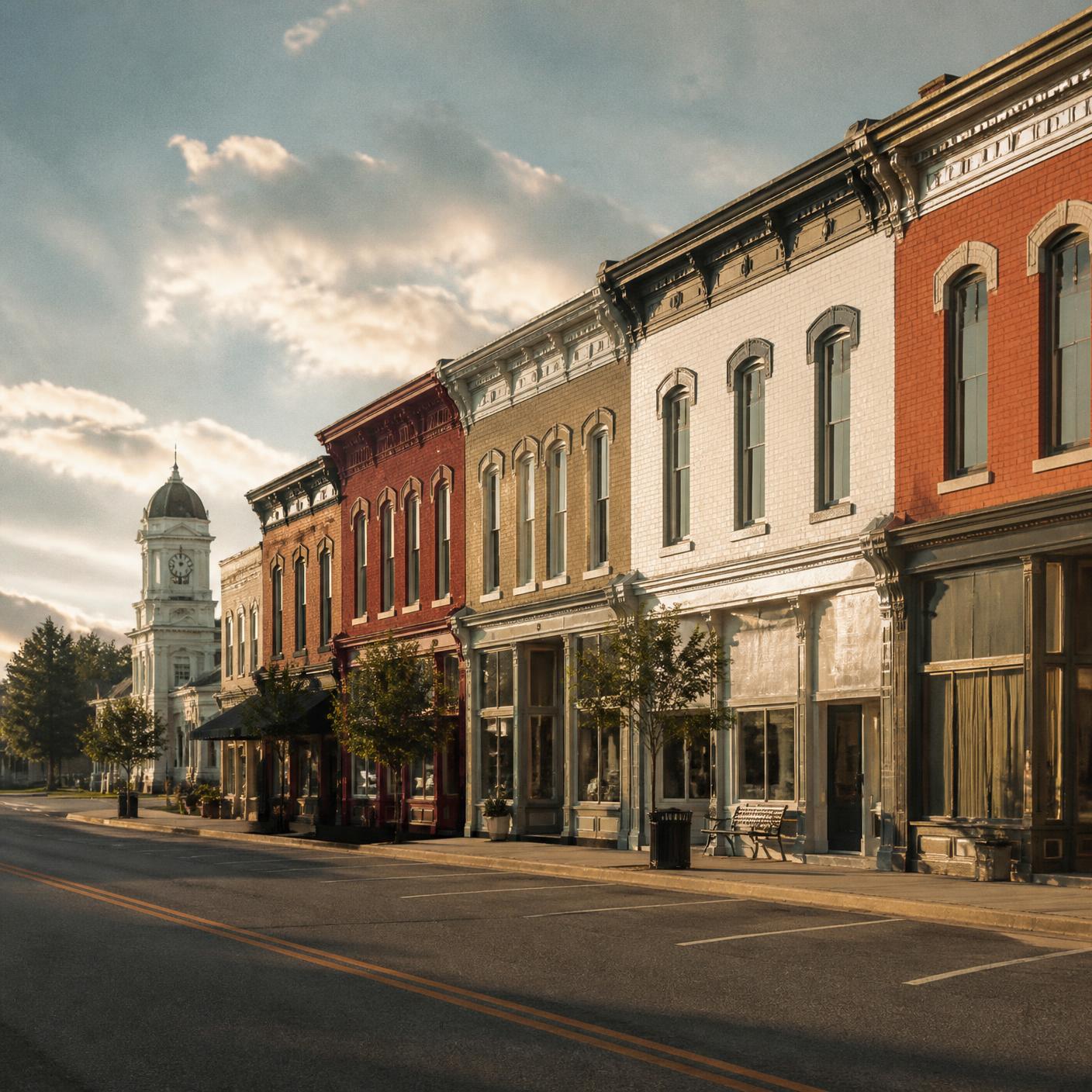 Brick storefronts on a small-town Mississippi main street in late light