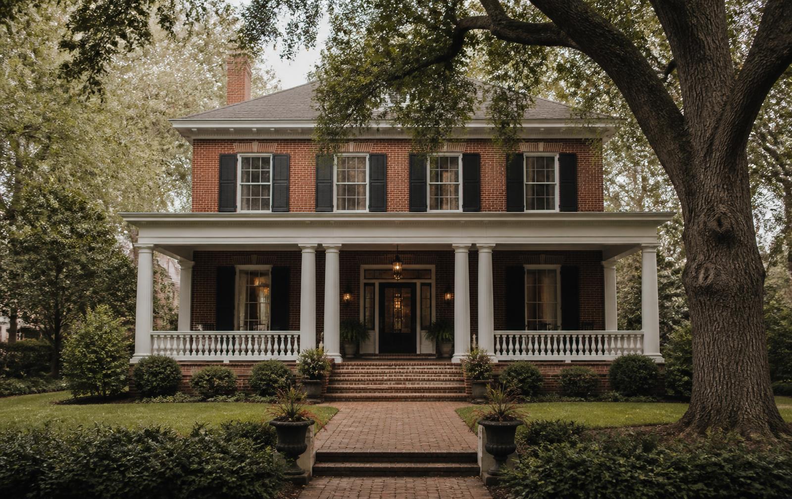 A brick home with a deep front porch on a shaded Tupelo street